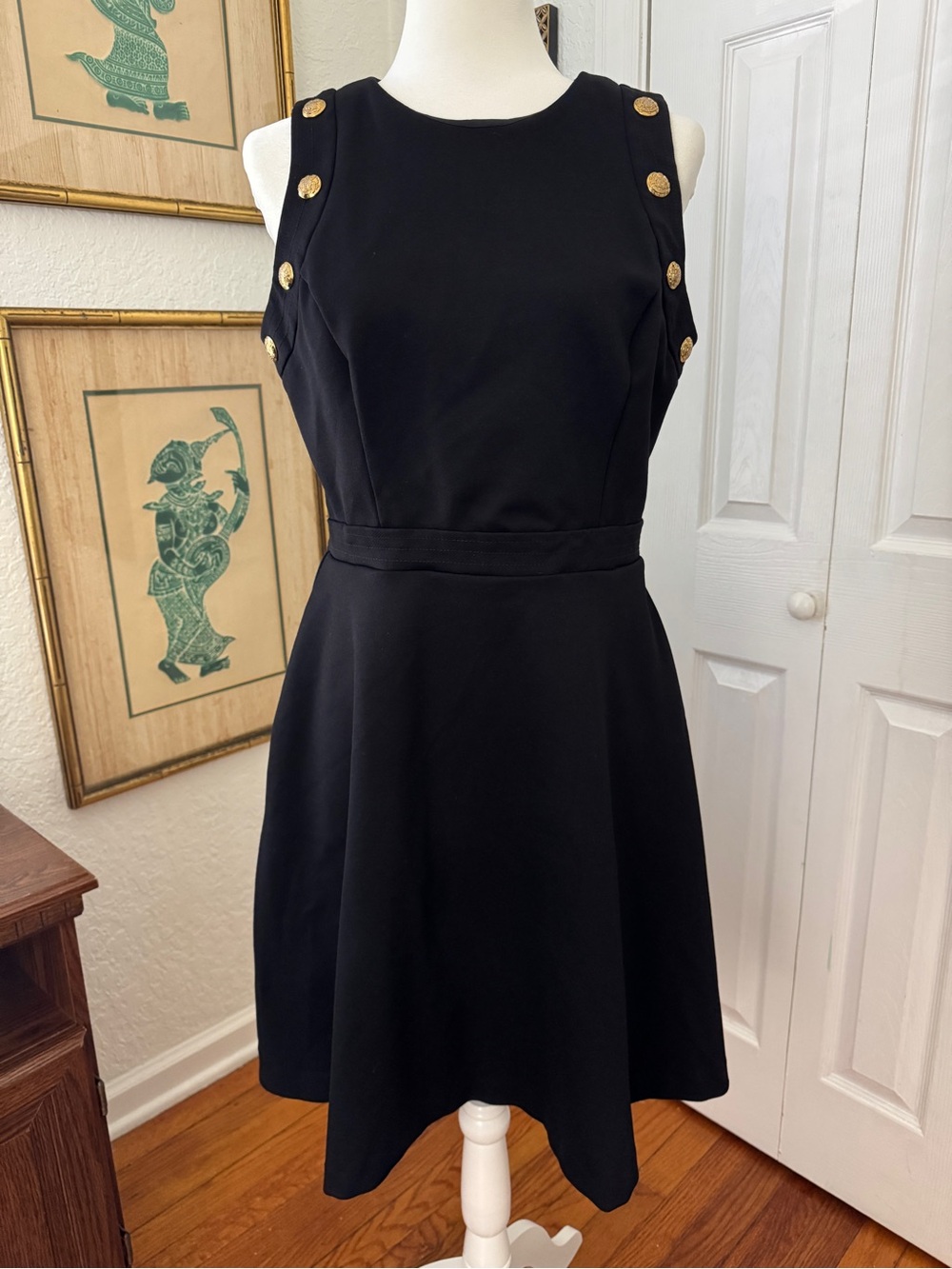White House Black Market Luxe Black Stretch Gold Button Fit Flare Dress